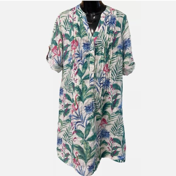 J McLaughlin 100% Linen Tropical Flamingo Print Tunic Swim Cover Dress Women's S - Picture 1 of 8